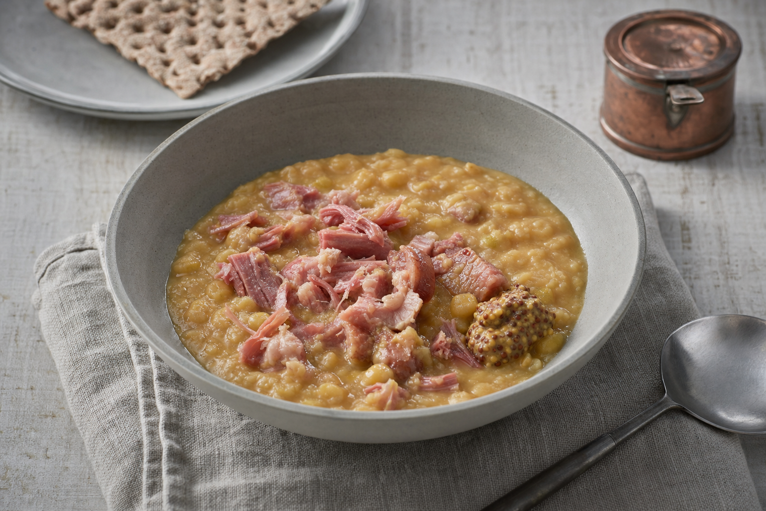 Ärtsoppa — Schwedische Erbsensuppe aus gelben Erbsen, mit geräucherter Haxe und Senf