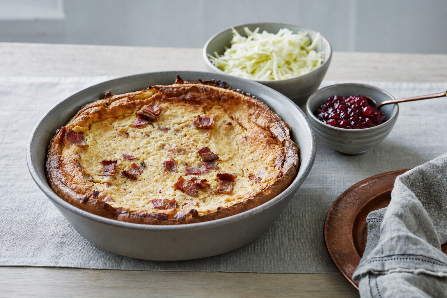 Fläskpannkaka — Ofenpfannkuchen mit Speck, warm mit Preiselbeermarmelade serviert