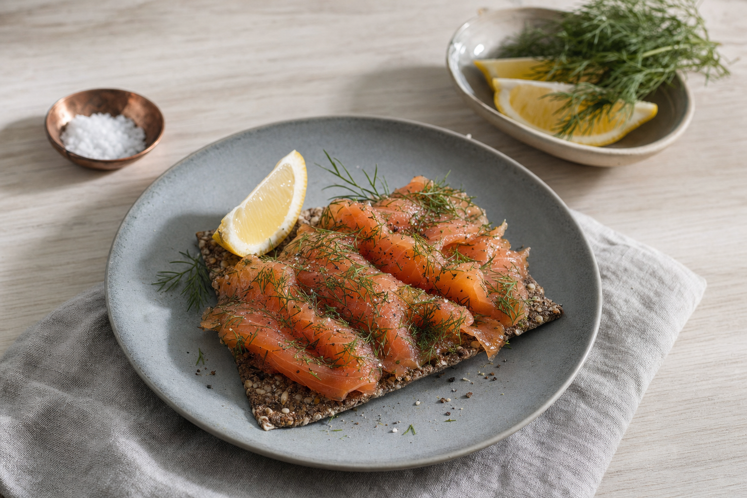 Gravad laks — Gebeizter Lachs mit Dill, Salz und Zucker, hauchdünn auf Knäckebrot