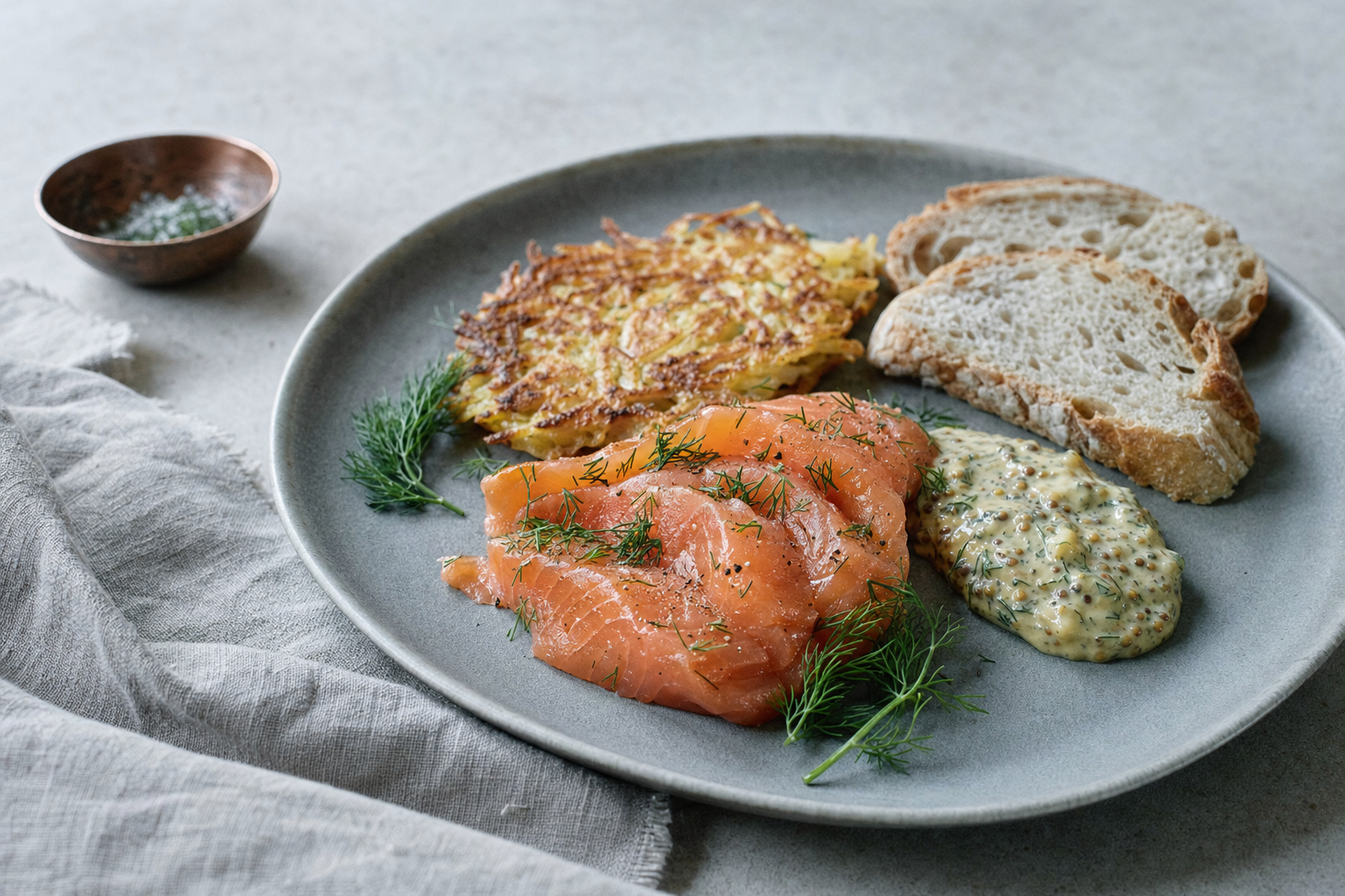 Gravlax — Gebeizter Lachs mit Dill, Salz und Zucker, dazu eine süßliche Senfsauce
