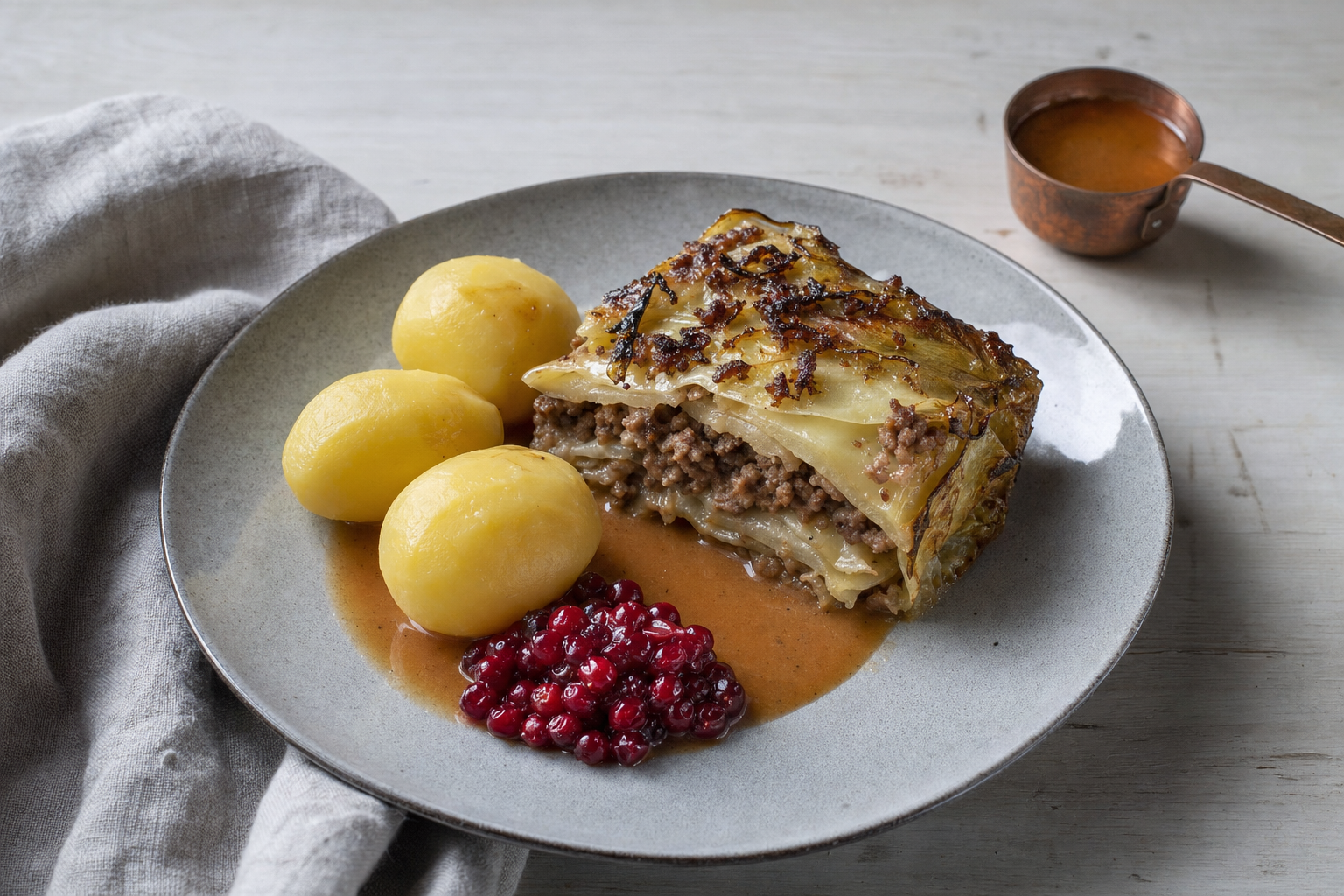 Kålpudding — Kohlpudding: Schichten aus gebräuntem Weißkohl und Hackfleisch aus dem Ofen