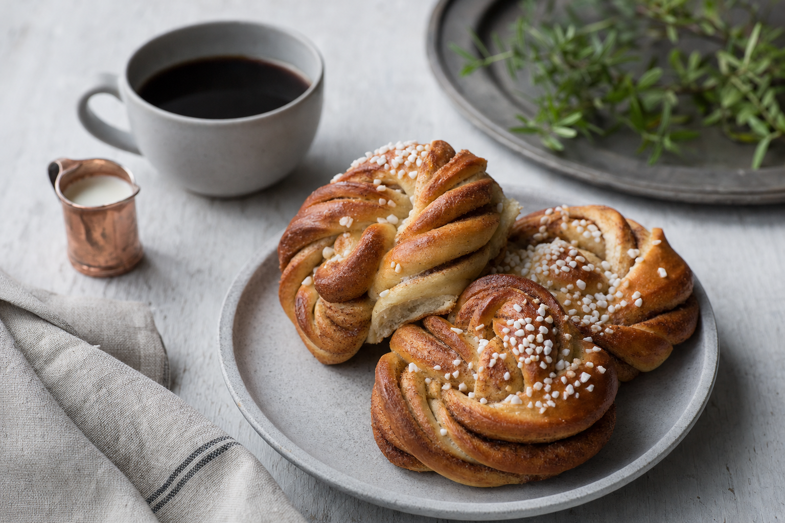 Kanelbullar — Zimtschnecken aus Kardamom-Hefeteig, mit Hagelzucker bestreut