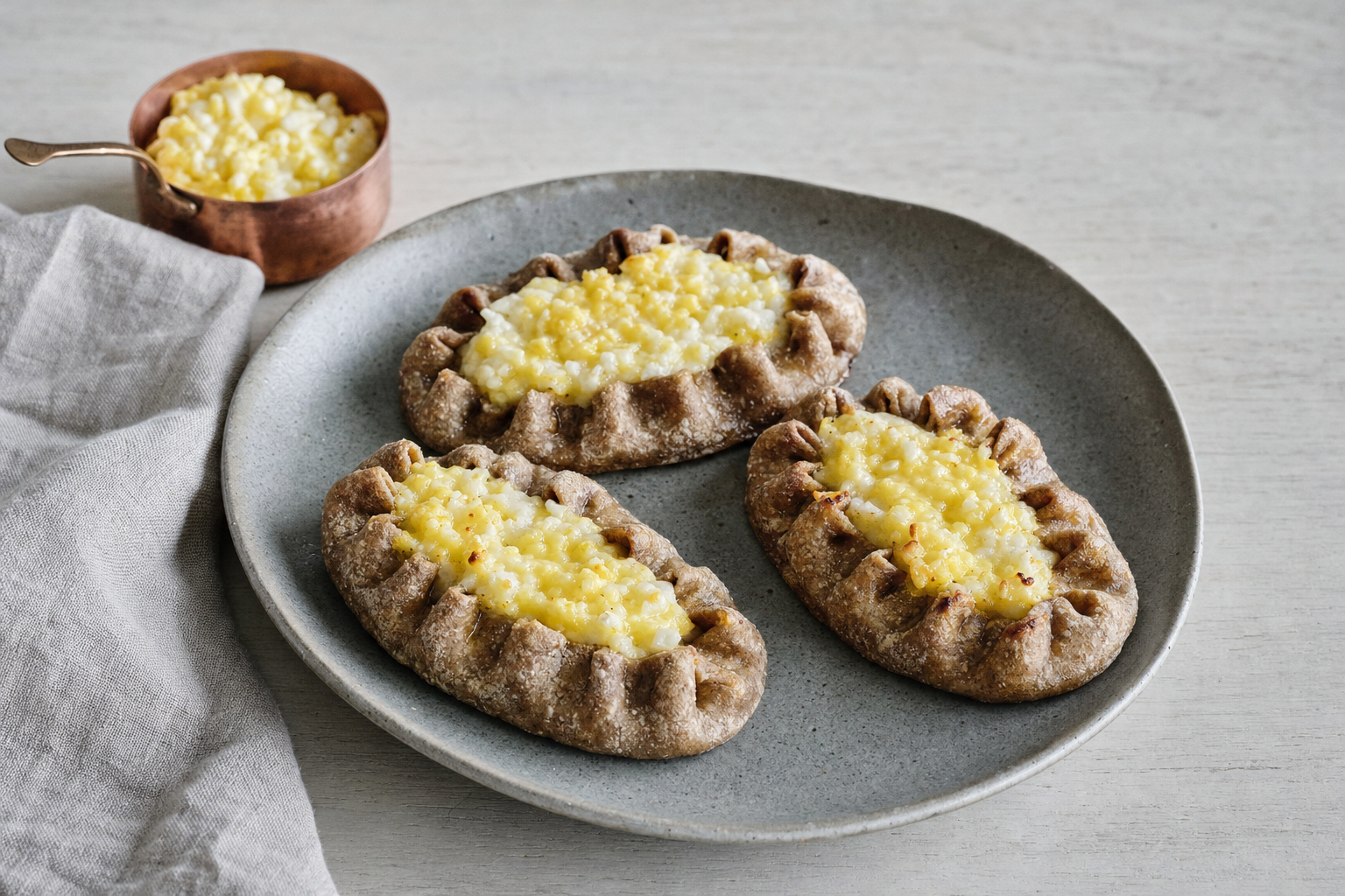 Karjalanpiirakka — Karelische Roggenpasteten mit cremigem Milchreis und Eierbutter