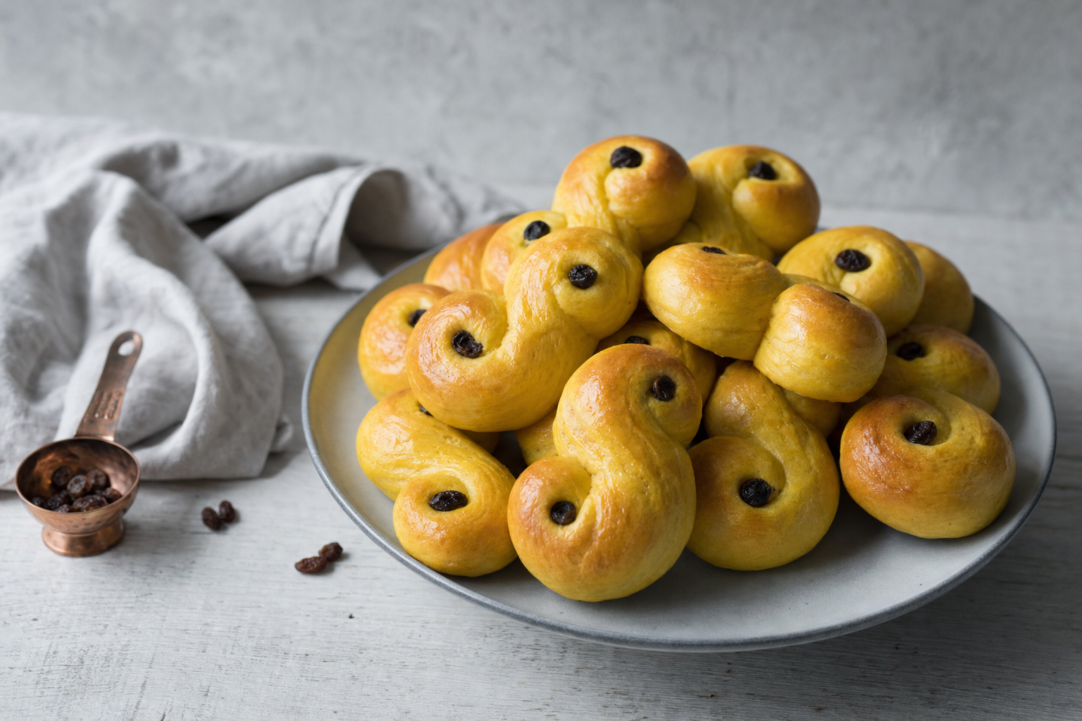 Lussekatter — Goldgelbe Safranbrötchen in S-Form, mit Rosinen in den Windungen