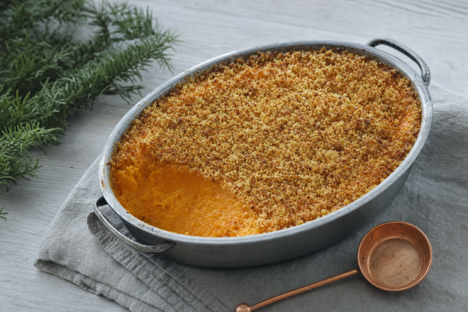 Porkkanalaatikko — Karottenauflauf mit Reisbrei, Sirup und Ingwer unter goldbraunen Butterbröseln