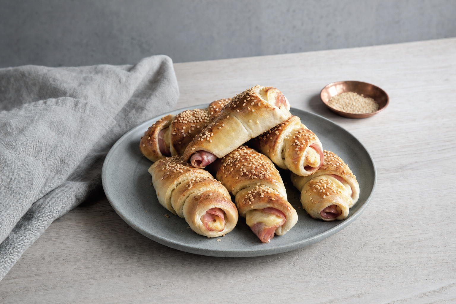 Skinkehorn — Hörnchen aus weichem Hefeteig, gefüllt mit Schinken und Käse, mit Sesam gebacken