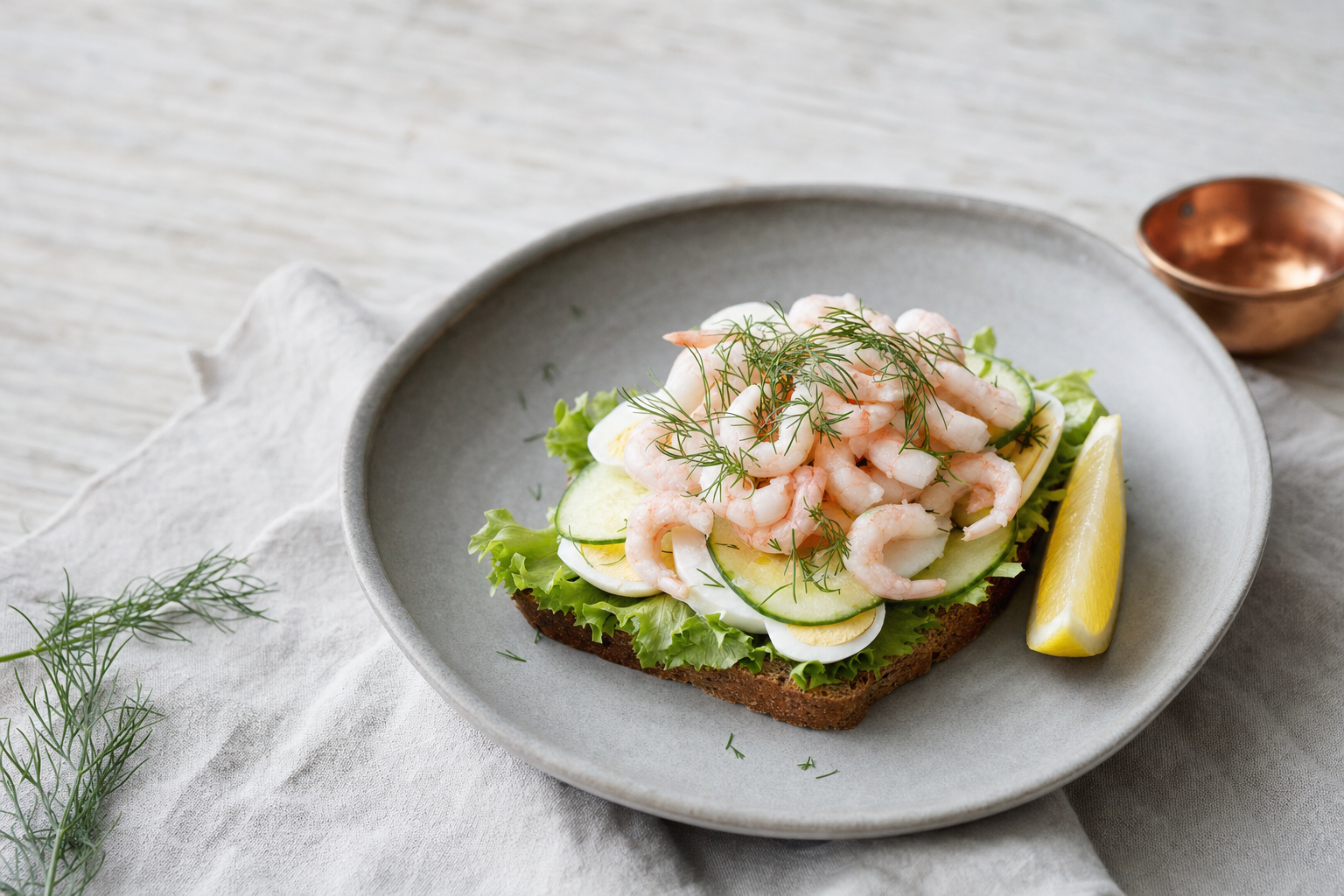 Smørrebrød med rejer — Dänisches offenes Brot mit Krabben, Ei, Gurke und frischem Dill