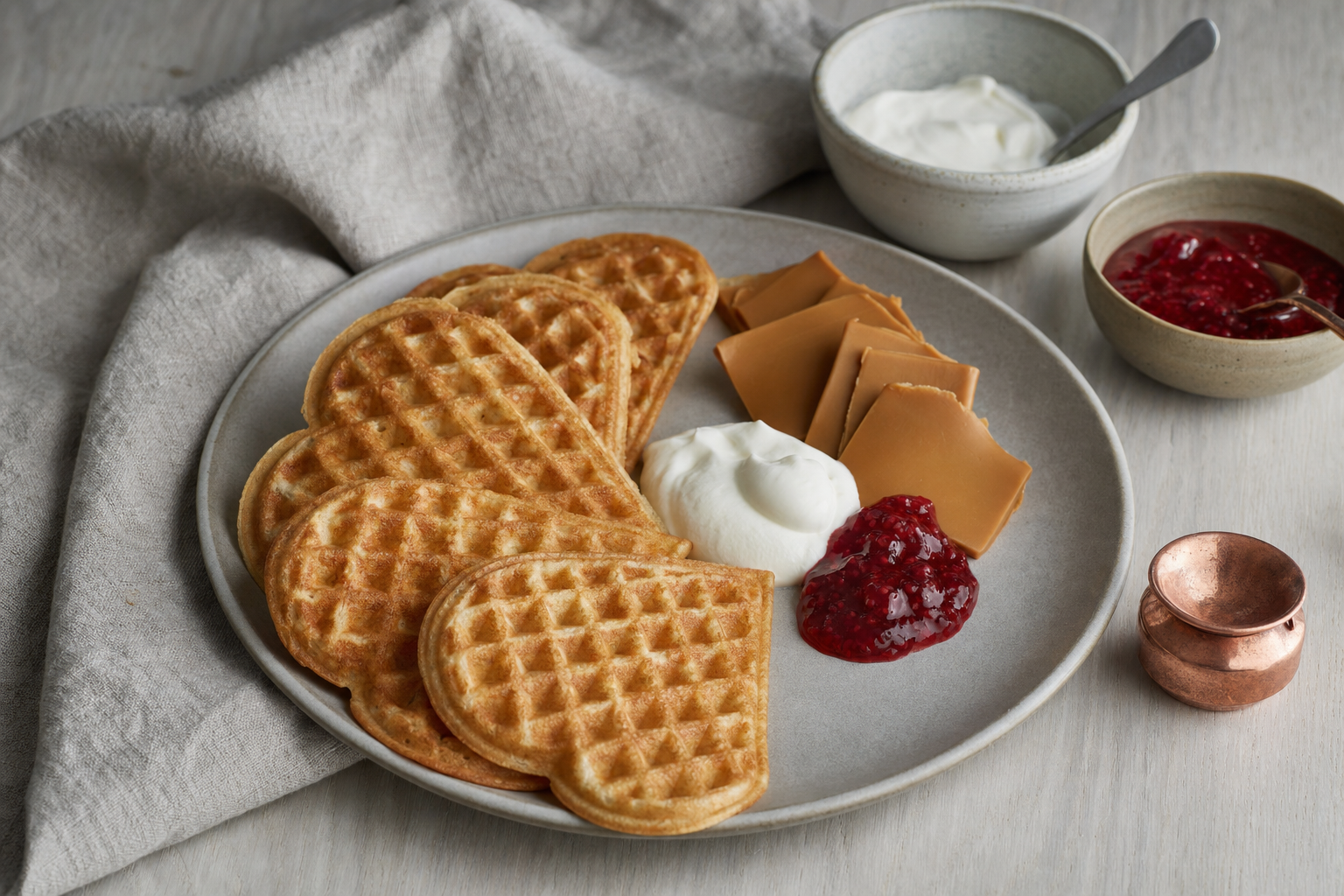 Vafler — Norwegische Herzwaffeln mit Kardamom, dazu Brunost, Marmelade und Sauerrahm