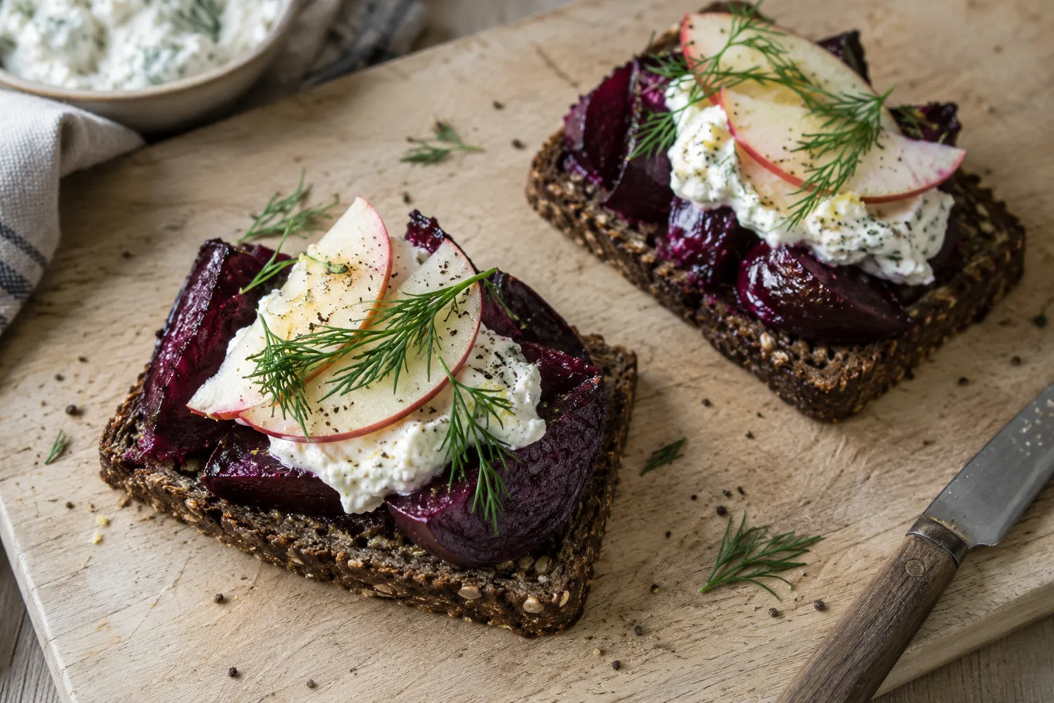 Aufgeschnittenes dunkles Roggenbrot mit Roter Bete und Wurzelgemüse auf einem hellen Birkenbrett