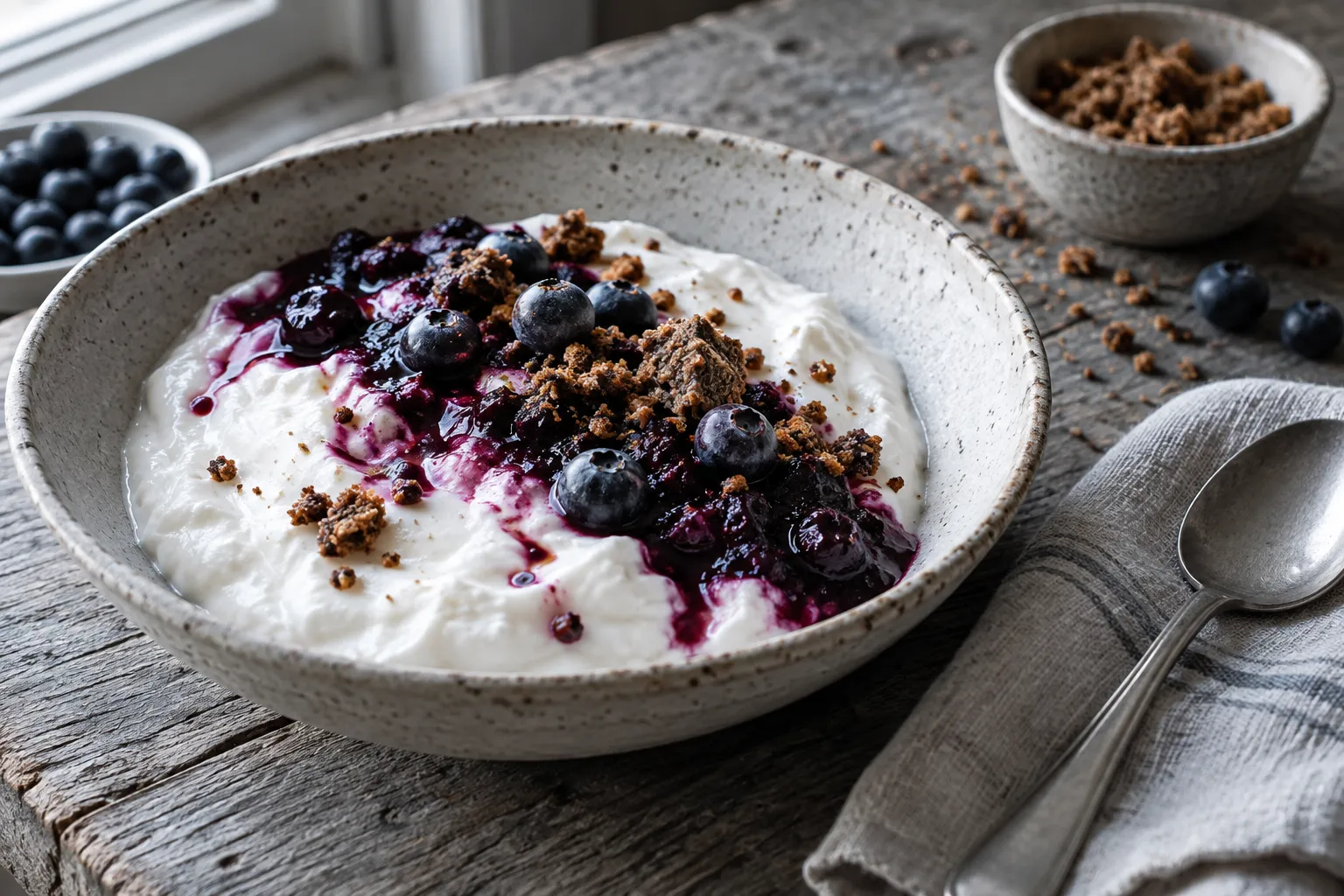 Graue Keramikschale mit dickem Skyr, frischen Blaubeeren und einem Faden Honig, daneben ein kleiner Kupferlöffel